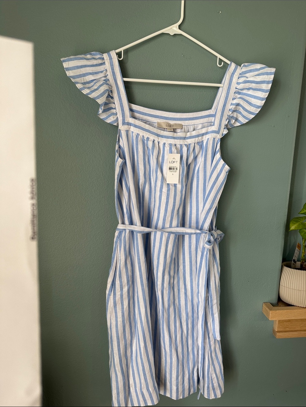 NWT LOFT Blue & White Striped Flutter Sleeve Dress with Belt